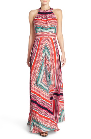 Eliza J Scarf Print Crêpe de Chine Fit & Flare Maxi Dress (Regular & Petite) Orange Print