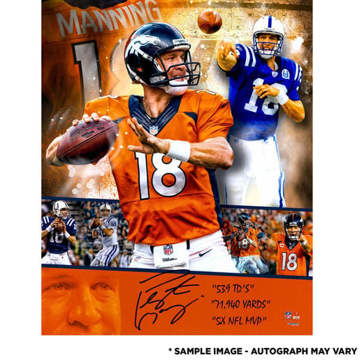 FANATICS AUTHENTIC PEYTON MANNING DENVER BRONCOS/INDIANAPOLIS COLTS AUTOGRAPHED 16" X 20" COLLAGE PHOTOGRAPH WITH MULTIPLE CAREER STAT INSCRIPTIONS