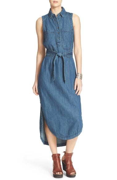 Free People 'Cecelia' Chambray Tie Waist Maxi Dress (Shirtdress) Niel Wash