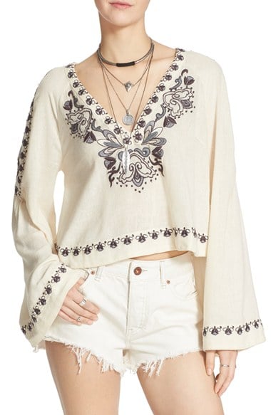 Free People Embroidered Crop Tunic Ivory Combo bell sleeve tops