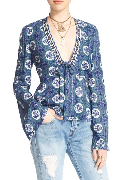 Free People 'Time of Your Life' Tie Front Bell Sleeve Top Cobalt Combo bell sleeve tops for spring
