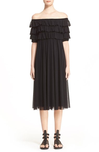 Fuzzi Off the Shoulder Tulle Ruffle Dress Black