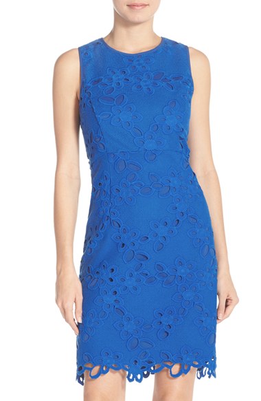 GREYLIN 'Odezza' Sleeveless Eyelet Lace Sheath Dress Blue