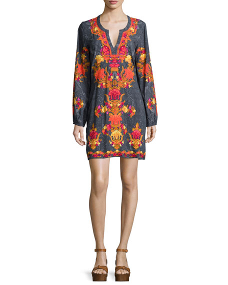 Hemant and Nandita Long-Sleeve Split-Neck Mini Dress Shawl Print 