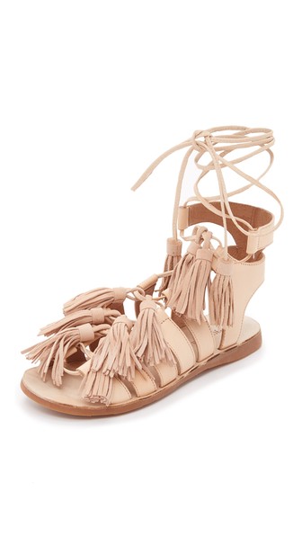 Jeffrey Campbell Malang Fringe Gladiator Sandals Suede Tassels Natural
