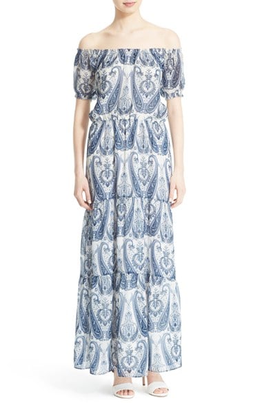 Joie 'Villy' Off the Shoulder Silk Paisley Print Maxi Dress Periwinkle
