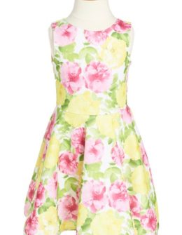 Kate Mack 'Rose' Floral Print Scuba Dress (Toddler Girls, Little Girls & Big Girls) Yellow Pink easter dresses for toddler girls