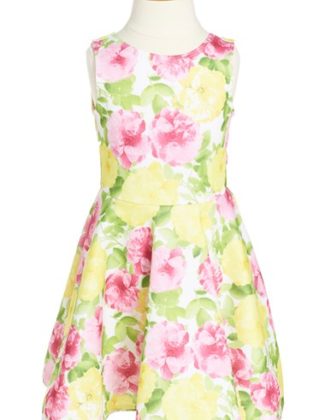 Kate Mack 'Rose' Floral Print Scuba Dress (Toddler Girls, Little Girls & Big Girls) Yellow Pink easter dresses for toddler girls