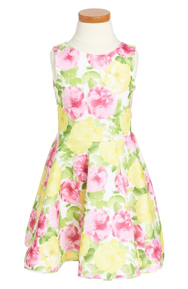 Kate Mack 'Rose' Floral Print Scuba Dress (Toddler Girls, Little Girls & Big Girls) Yellow Pink easter dresses for toddler girls