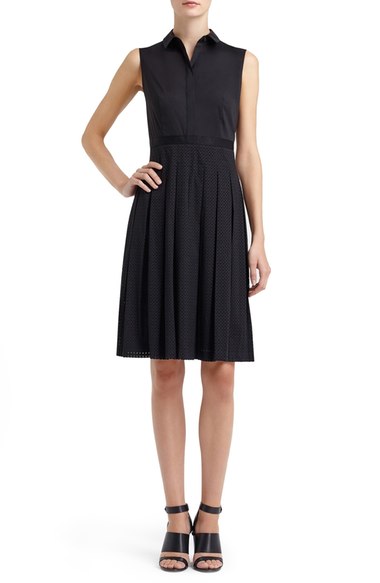 Lafayette 148 New York 'Sade' Sleeveless Laser Cut Eyelet Fit & Flare Shirtdress Black