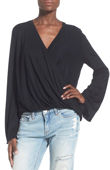 Leith Surplice Long Sleeve Top Black bell sleeve tops