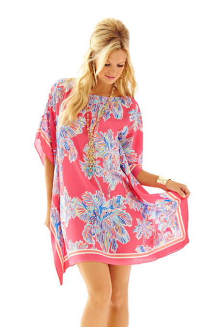 Lilly Pulitzer LINDAMARIE SILK CAFTAN Flamingo Pink Nice Stems Engineered Linda Marie Xs lilly pulitzer t-shirt dresses