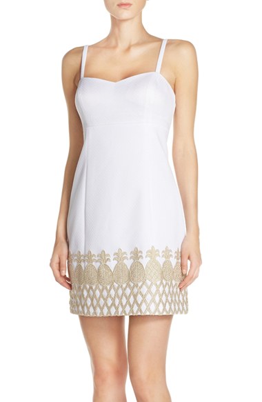 Lilly Pulitzer® 'Lane' Embroidered Jacquard Sheath Dress Resort White Golden Pineapple Embroidered Trim
