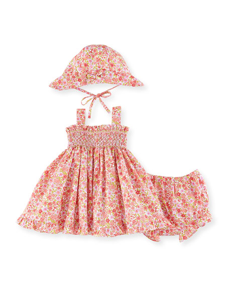 Luli & Me Floral Poplin Dress Layette Set Coral, Size 12-24 Months