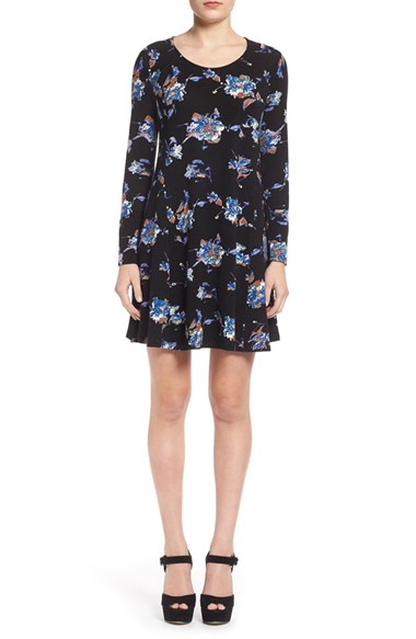 Lush 'Lauren' Long Sleeve Shift Dress Black Floral