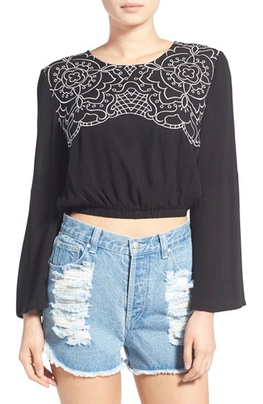 MINKPINK 'While Hearts' Embroidered Bell Sleeve Crop Top Black Cream bell sleeve tops for spring