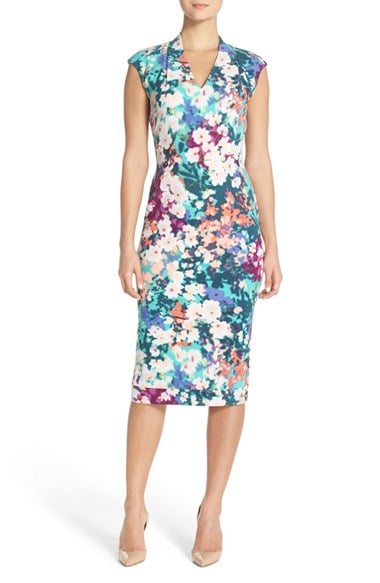 Maggy London Floral Crepe Midi Dress Teal/Coral midi dresses for easter