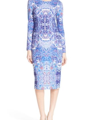 Maggy London 'Ornate Crested Flower' Print Crepe Midi Dress Soft White Royal long sleeve dresses for easter