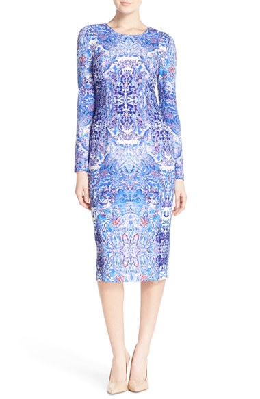 Maggy London 'Ornate Crested Flower' Print Crepe Midi Dress Soft White Royal  long sleeve dresses for easter