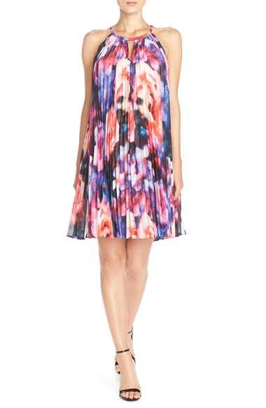 Maggy London Pleat Chiffon Floral Print Trapeze Dress Soft White/Red