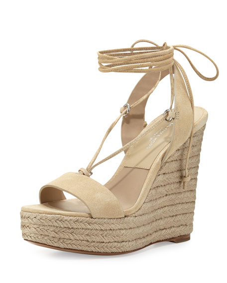 Michael Kors Clive Suede Lace-Up Wedge Espadrille Sandal Ecru