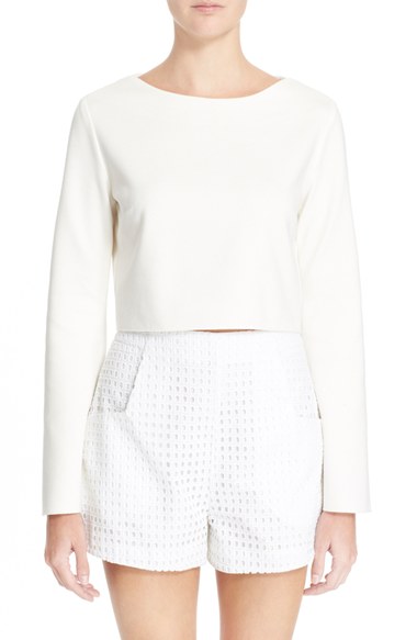 N NICHOLAS Crossover Back Ponte Bell Sleeve Crop Top White