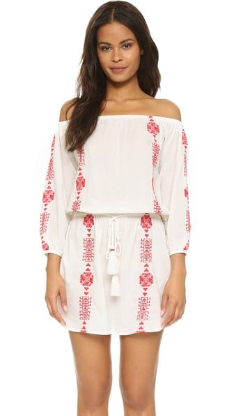 PAMPELONE Embroidered Bardot Off The Shoulder Mini Dress White Red