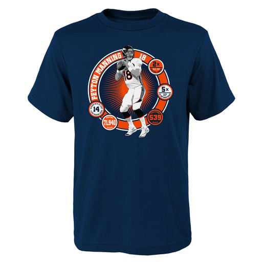 PEYTON MANNING DENVER BRONCOS YOUTH NAVY CAREER ACCOMPLISHMENTS NAME & NUMBER T-SHIRT