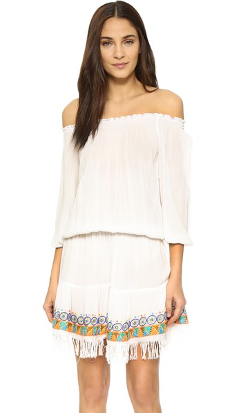 Pia Pauro Embellished Embroidered Off The Shoulder Beach Dress Fringed Hem in White