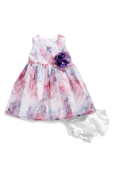 Pippa & Julie Watercolor Floral Print Mesh Dress (Baby Girls) Purple floral print easter dresses for baby girls