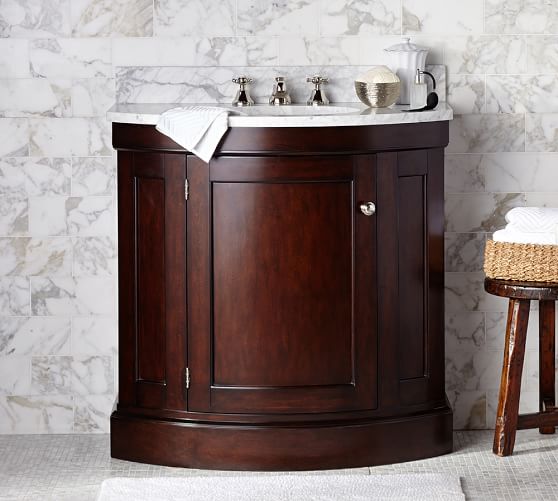 Pottery Barn BRINKLEY DEMILUNE SINGLE SINK CONSOLE - ESPRESSO FINISH, Carrara Marble Top White Ceramic Sink Zinc-alloy hardware 