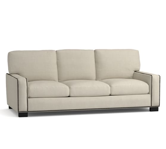 Pottery Barn TURNER SQUARE ARM UPHOLSTERED SOFA WITH NAILHEADS Linen Blend Oatmeal
