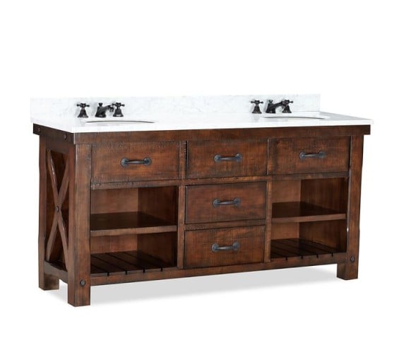 Pottery Barn BENCHWRIGHT DOUBLE SINK CONSOLE - RUSTIC MAHOGANY FINISH Distressed Wood Carrara Marble Top