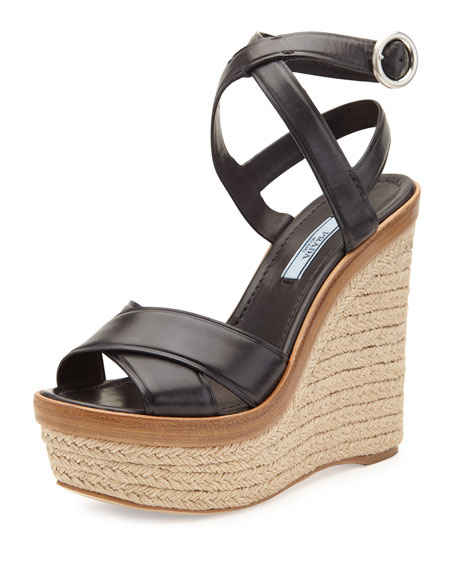Prada Leather Ankle-Wrap Wedge Sandal Black (Nero)
