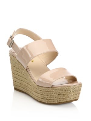 Prada Patent Leather Espadrille Platform Wedge Sandals Beige
