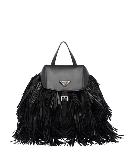 Prada Soft Calfskin and Tessuto Fringe Backpack Black (Nero)