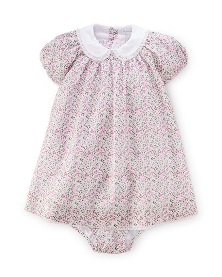 Ralph Lauren Childrenswear Batiste Floral Lace-Trim Dress Peter Pan Collar w/ Bloomers, White/Multicolor, Size 9-24 Months 