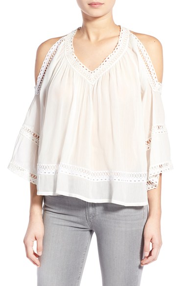 Rebecca Minkoff 'Deneuve' Cold Shoulder Blouse Crocheted Accents Color Chalk cold shoulder tops for spring