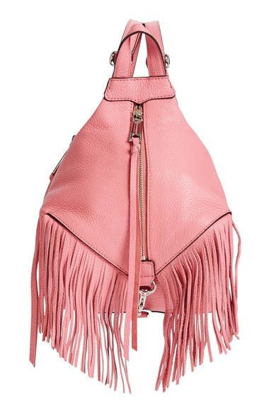 Rebecca Minkoff 'Mini Julian' Fringe Leather Backpack Guava Pink Silver Hardware