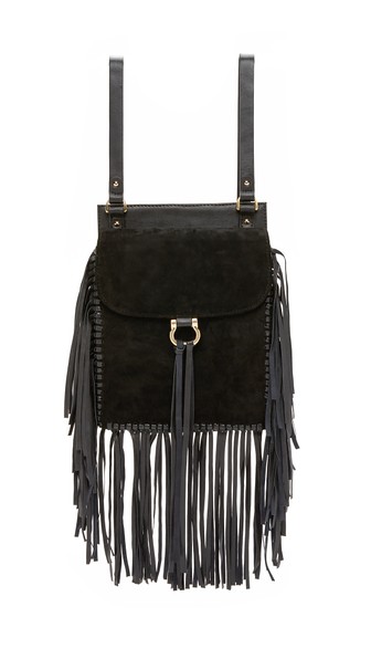 SANCIA Belleza Fringe Backpack Black Suede or Cognac Suede