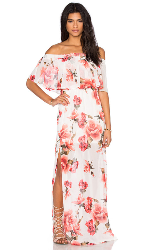 SHOW ME YOUR MUMU Hacienda Off The Shoulder Maxi Dress Floral Print Romantic Rose maxi dresses for easter