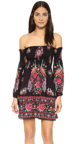 SPELL Hotel Paradiso Bell Sleeve Mini Dress Jet Black Floral Print