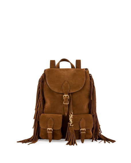Saint Laurent Festival Suede Medium Fringe Backpack Tan
