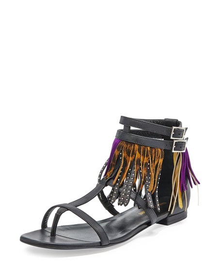 Saint Laurent Nu Pieds Multi-Fringe Studded Sandal Black/Tan/Violet