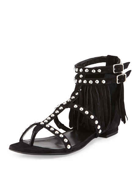 Saint Laurent Studded Fringe Leather Flat Sandal Black