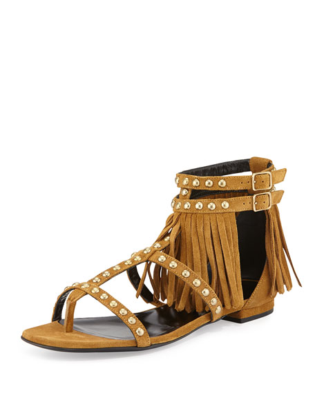 Saint Laurent Studded Fringe Suede Flat Sandal Tan 