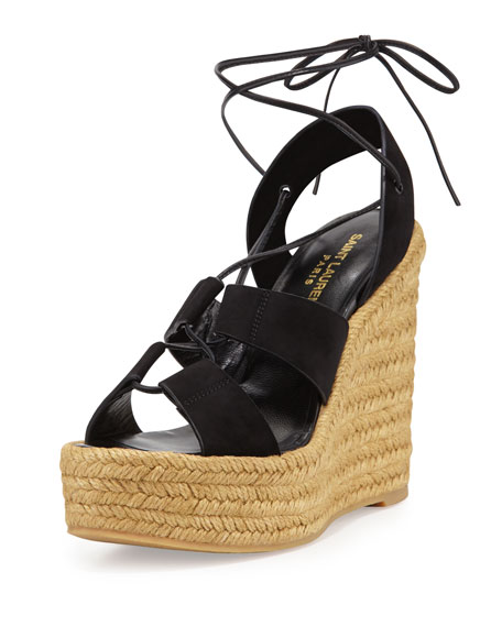 Saint Laurent Suede Lace-Up Espadrille Sandal Black/Multi