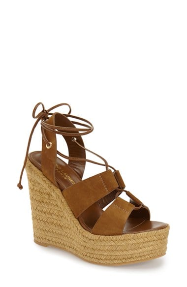 Saint Laurent Woven Espadrille Wedge Sandal (Women) Tan Suede wedge sandals for spring