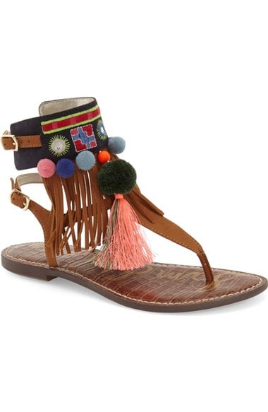 Sam Edelman 'Gere' Fringe Flat Sandal (Women) Pompom Golden Caramel