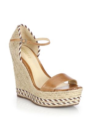 Schutz Theadora Leather Espadrille Wedge Sandals Tan